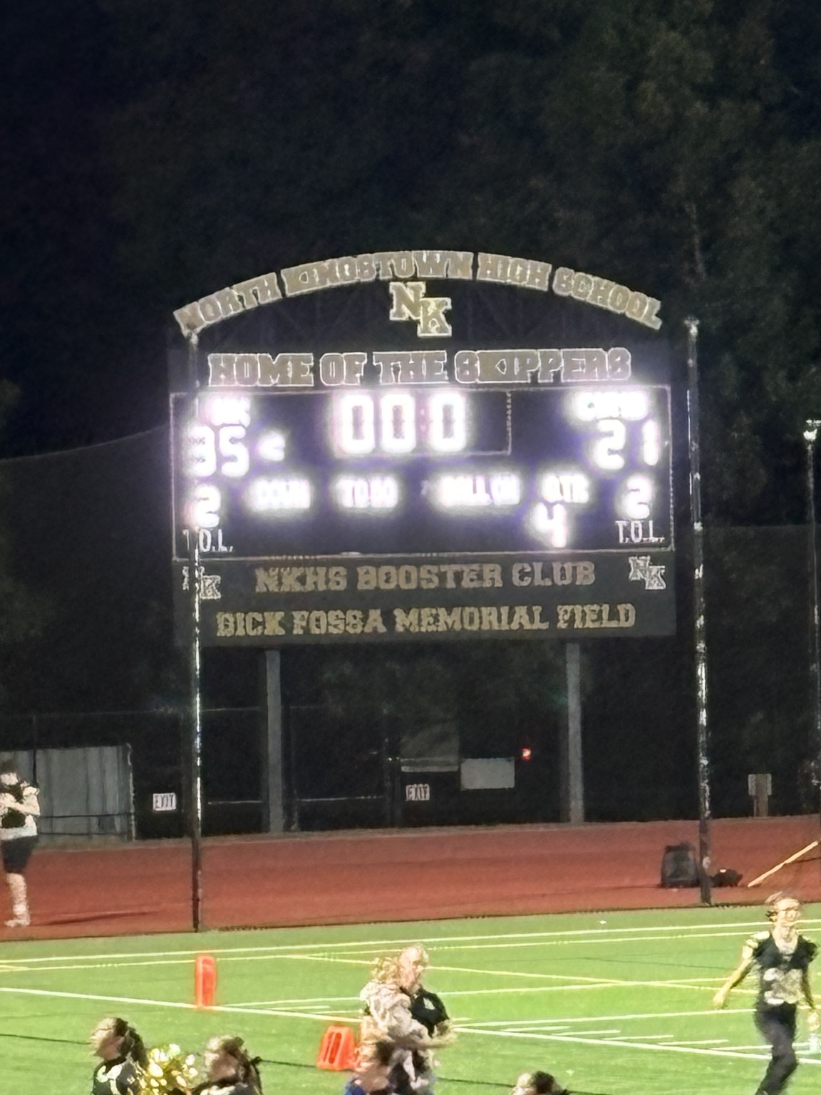 North Kingstown High School scoreboard showing the final score, North Kingstown 35 and Cumberland 21